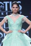 Shop_Amit GT_Green Tulle Plunge Neck Embellished Gown  _at_Aza_Fashions