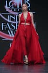 Buy_NIDHIKA SHEKHAR_Red Organza Plunge Neck Cape Pant Set _at_Aza_Fashions