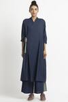 Buy_THREE_Blue Cotton V Neck Overlap Kurta Set _Online_at_Aza_Fashions