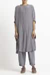 THREE_Grey Silk Band Collar Kurta Set _Online_at_Aza_Fashions