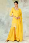 Buy_Mandira Wirk_Yellow Crinkled Cotton Embroidered Sharara Pants _at_Aza_Fashions