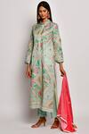 Buy_Swati Vijaivargie_Green Linen Satin Mandarin Collar Printed Kurta _Online_at_Aza_Fashions