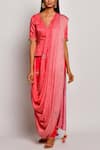 Buy_Swati Vijaivargie_Red Viscose Silk Satin V Neck Printed Pre-draped Pant Saree _at_Aza_Fashions