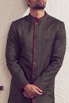 Shop_Dev R Nil_Beige Modal Satin Printed Sherwani Set_at_Aza_Fashions