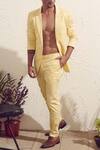 Dev R Nil_Yellow Cotton Satin Lycra Blazer With Trousers_Online_at_Aza_Fashions