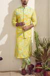 Dev R Nil_Yellow Dola Silk Printed Nehru Jacket With Kurta_Online_at_Aza_Fashions