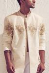 Shop_Dev R Nil_Peach Cotton Embroidered Bandhgala With Pants_at_Aza_Fashions