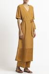 Three_Yellow Cotton V Neck Midi Wrap Dress _Online_at_Aza_Fashions