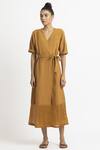 Buy_Three_Yellow Cotton V Neck Midi Wrap Dress _Online_at_Aza_Fashions