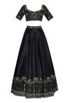 Shop_Esha Koul_Black Silk Square Neck Embroidered Lehenga Set _Online_at_Aza_Fashions