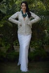 Buy_Talking Threads_Off White Heavy Silk V Neck Saree With Embroidered Jacket  _at_Aza_Fashions