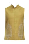 Shop_Ekam By Manish_Gold Linen Embroidered Bundi  _at_Aza_Fashions