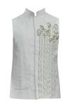 Shop_Ekam By Manish_Beige Linen Embroidered Bundi _at_Aza_Fashions