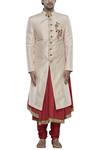 Nitesh Singh Chauhan_Beige Raw Silk Embroidered Sherwani Set_Online_at_Aza_Fashions