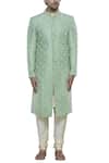 Nitesh Singh Chauhan_Green Raw Silk Embroidered Sherwani Set _Online_at_Aza_Fashions