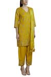 Samatvam By Anjali Bhaskar_Yellow Satin, Silk V-shaped Hand Embroidered Kurta Set _Online_at_Aza_Fashions