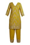 Shop_Samatvam By Anjali Bhaskar_Yellow Satin, Silk V-shaped Hand Embroidered Kurta Set _Online_at_Aza_Fashions