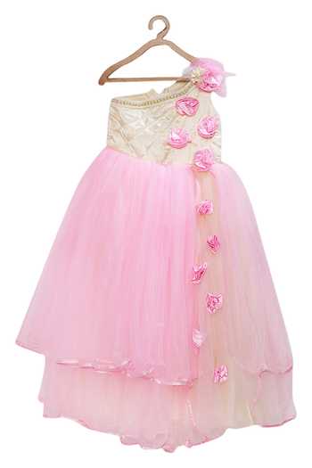 Buy_Pinkcow designs pvt ltd_Pink Net, Satin Fabric Flowers Layered Asymmetric Dress _at_Aza_Fashions