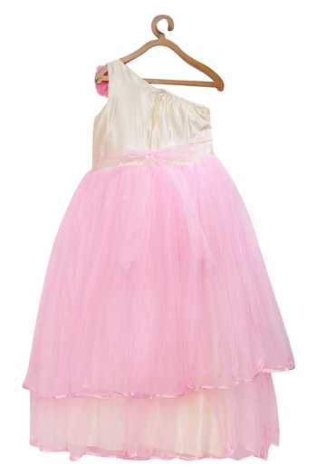 Shop_Pinkcow designs pvt ltd_Pink Net, Satin Fabric Flowers Layered Asymmetric Dress _at_Aza_Fashions