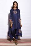 Swati Vijaivargie Blue Kurta Silk Pant Linen Round Embroidered Asymmetric Set Online at Aza Fashions Swati Vijaivargie_Blue Kurta Silk Pant Linen Round Embroidered Asymmetric Set _Online_at_Aza_Fashions