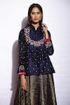 Swati Vijaivargie_Blue Kurta Silk Skirt Linen Satin Band Collar Embroidered Set _Online_at_Aza_Fashions