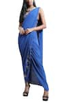 Anju & Harleen_Blue Georgette Embroidered Pre-draped Saree With Blouse_Online_at_Aza_Fashions