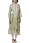 Shop_Aditi Beriwala_Green Organic Cotton Band Collar Anarkali_Online_at_Aza_Fashions