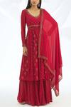 Astha Narang Red Georgette V Neck Embroidered Anarkali Set Online at Aza Fashions Astha Narang_Red Georgette V Neck Embroidered Anarkali Set _Online_at_Aza_Fashions