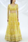 Buy_Astha Narang_Yellow Net, Crepe Leaf Neck Embroidered Lehenga Set _Online_at_Aza_Fashions