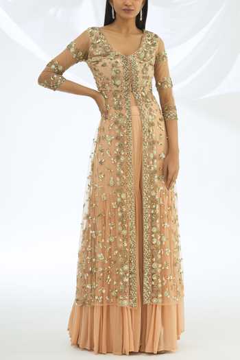 Buy_ASTHA NARANG_Pink Kurta Net Sharara Georgette Round Embroidered Set _at_Aza_Fashions