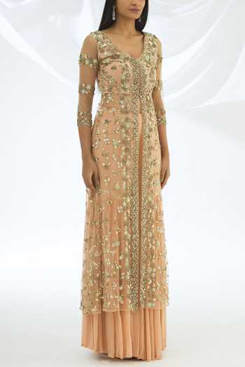 ASTHA NARANG_Pink Kurta Net Sharara Georgette Round Embroidered Set _Online_at_Aza_Fashions