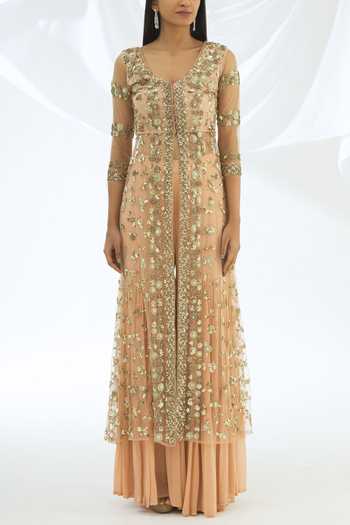 Buy_ASTHA NARANG_Pink Kurta Net Sharara Georgette Round Embroidered Set _Online_at_Aza_Fashions