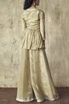 Shop_Himani & Anjali Shah_Gold Tissue Embroidered Peplum Jacket Pant Set_at_Aza_Fashions