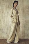 Himani & Anjali Shah_Gold Tissue Embroidered Peplum Jacket Pant Set_Online_at_Aza_Fashions