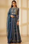 Buy_Shyam Narayan Prasad_Blue Georgette Embroidery 3d Floral Round Block Print Anarkali Set _at_Aza_Fashions