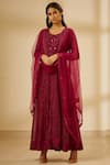 Buy_Shyam Narayan Prasad_Wine Silk Round Chanderi Jacquard Anarkali Set _at_Aza_Fashions