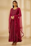 Shop_Shyam Narayan Prasad_Wine Silk Round Chanderi Jacquard Anarkali Set _Online_at_Aza_Fashions