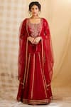 Buy_Shyam Narayan Prasad_Maroon Chanderi Brocade Round Embroidered Kurta Lehenga Set _at_Aza_Fashions