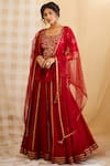 Buy_Shyam Narayan Prasad_Maroon Chanderi Brocade Round Embroidered Kurta Lehenga Set _Online_at_Aza_Fashions