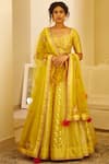 Buy_Shyam Narayan Prasad_Yellow Silk Jaquard Sweetheart Neck Chanderi Lehenga Set _at_Aza_Fashions