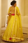 Shop_Shyam Narayan Prasad_Yellow Silk Jaquard Sweetheart Neck Chanderi Lehenga Set _at_Aza_Fashions