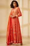 Shyam Narayan Prasad_Orange Silk Block Printed Anarkali Set _Online_at_Aza_Fashions