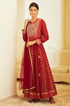 Buy_Shyam Narayan Prasad_Maroon Silk Chanderi Brocade Round Anarkali Set _at_Aza_Fashions