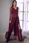 Buy_Shloka Khialani_Maroon Net, Crepe, Georgette V Neck Embellished Jacket And Pant Set _at_Aza_Fashions
