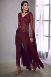 Shloka Khialani_Maroon Net, Crepe, Georgette V Neck Embellished Jacket And Pant Set _Online_at_Aza_Fashions