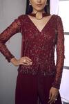 Buy_Shloka Khialani_Maroon Net, Crepe, Georgette V Neck Embellished Jacket And Pant Set _Online_at_Aza_Fashions