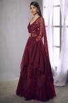 Shop_Shloka Khialani_Maroon Organza, Net, Crepe, Georgette V Neck Embellished Lehenga Set _at_Aza_Fashions