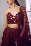 Shloka Khialani_Maroon Organza, Net, Crepe, Georgette V Neck Embellished Lehenga Set _Online_at_Aza_Fashions