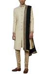 Qbik_Beige Silk Embroidered Sherwani Set_Online_at_Aza_Fashions