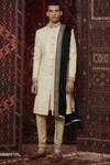 Buy_Qbik_Beige Silk Embroidered Sherwani Set_at_Aza_Fashions